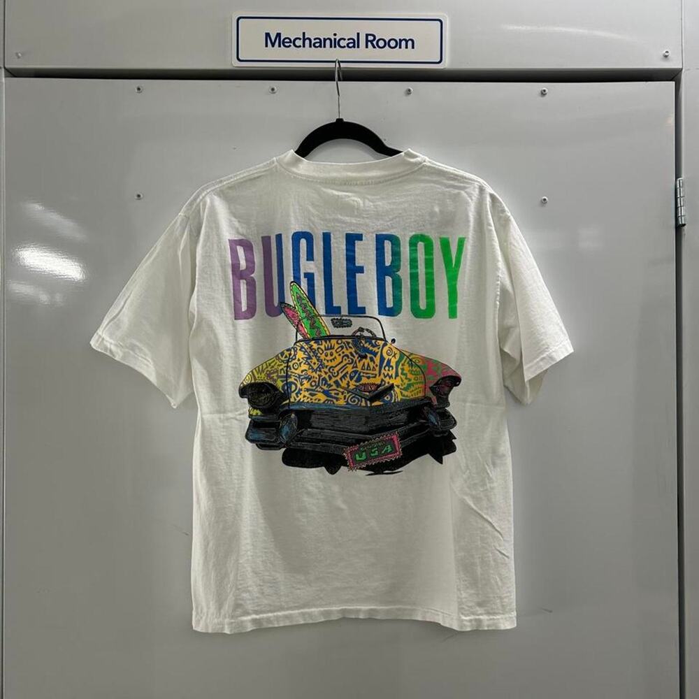 Vintage Bugle Boy T-Shirt White 90s American Classic Car Graphic Single Stitch